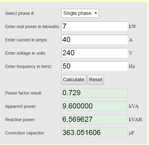 Power Factor Correction Calculation Chart